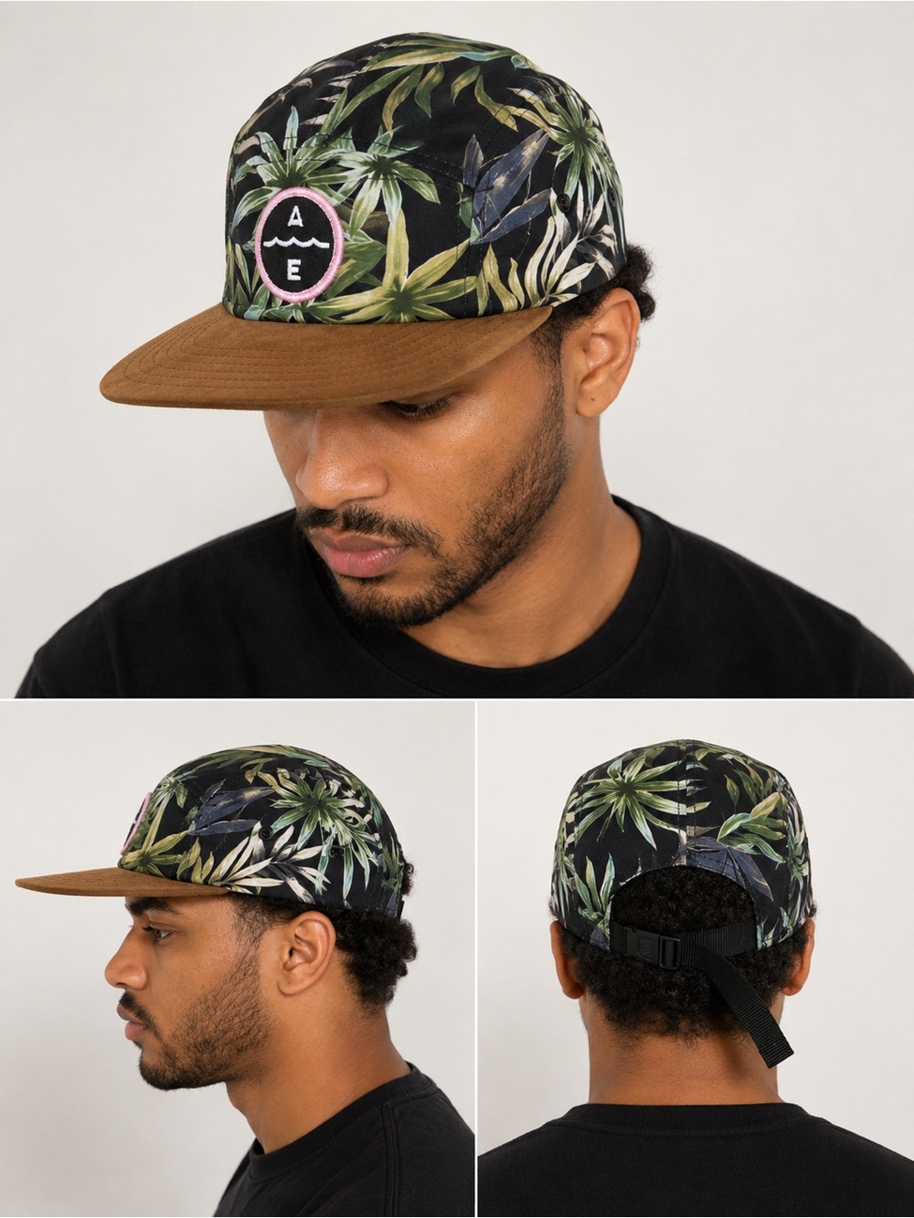 AE Tropical Leaf Print Strapback Hat Brown Suede Brim Adjustable Cap